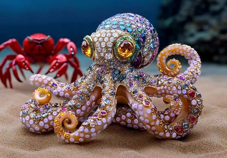 A highly ornate octopus, encrusted with a multitude of colorful