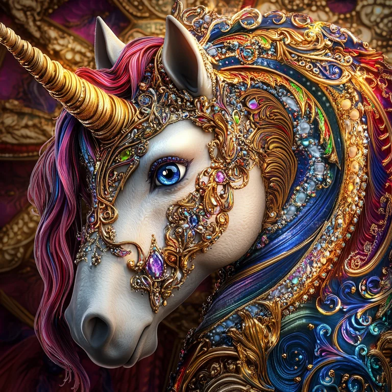 A majestic unicorn is adorned with an incredibly ornate and jeweled