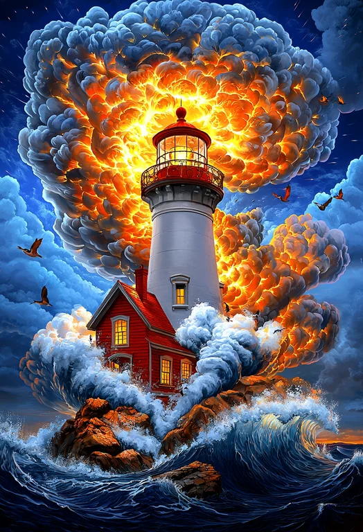 A dramatic scene unfolds at a lighthouse perched on a rocky outcrop