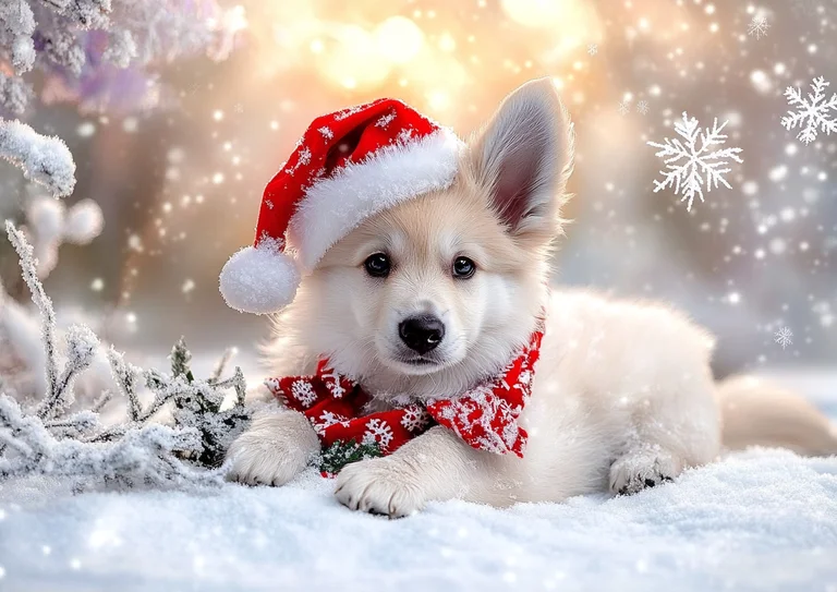 A fluffy white puppy wearing a Santa hat and a festive scarf lies in