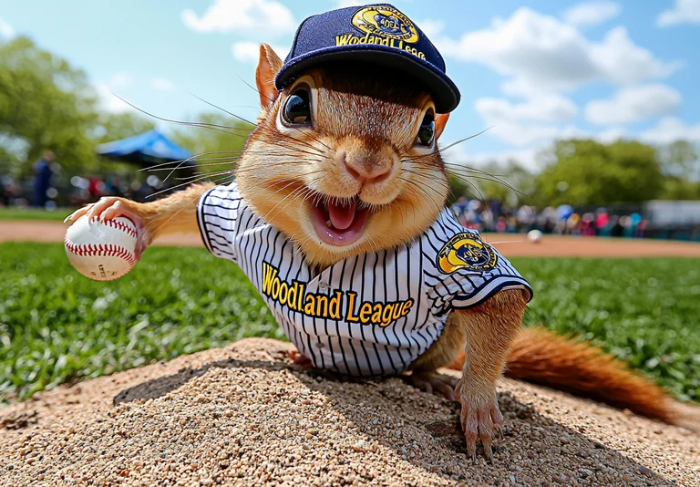 A chipmunk dressed in a baseball uniform and cap is holding a baseball