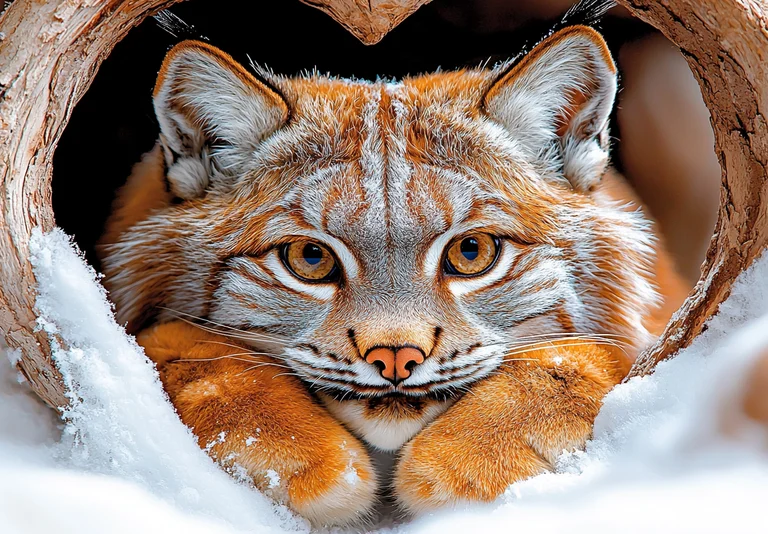 A close-up portrait of a lynx peeking out from a heart-shaped hollow