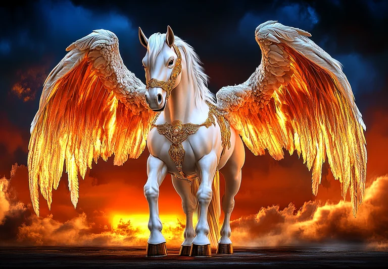 A majestic white Pegasus stands with its magnificent wings spread