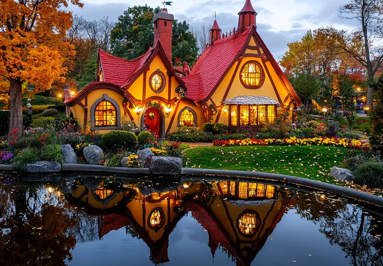 A whimsical, storybook-style cottage with a bright yellow facade and