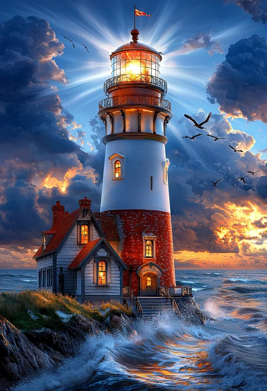 A majestic lighthouse stands tall on a rocky coast, its powerful beam