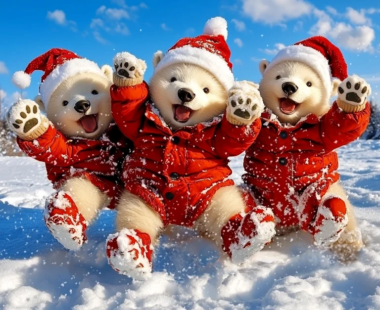 Three adorable polar bear cubs dressed in festive red Santa hats and