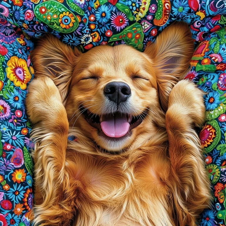 A golden retriever dog is lying on its back with its eyes closed and