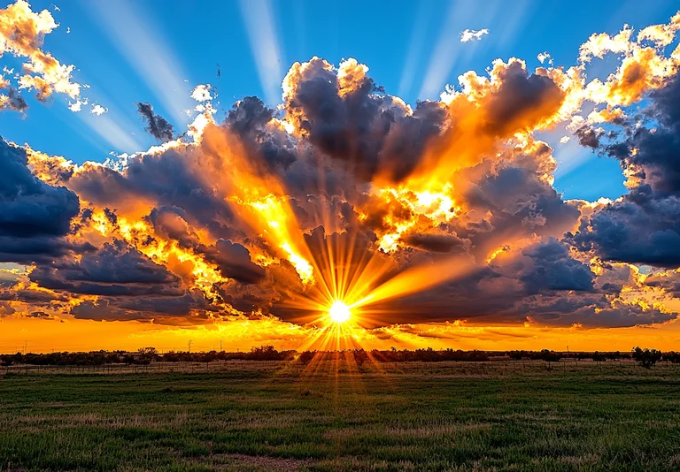 A dramatic sunset with the sun bursting through dark, fiery clouds,