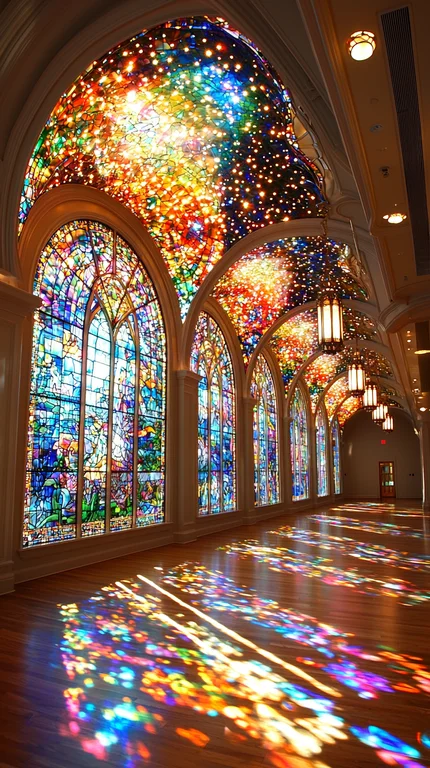 A long hallway with arched stained glass windows on one side and a
