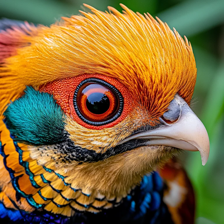 A close-up, detailed portrait of a Golden Pheasant's head