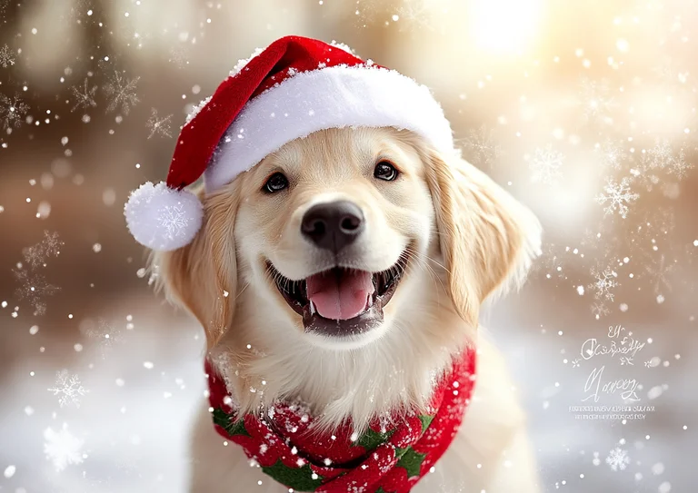 A happy Golden Retriever puppy wearing a Santa hat and a festive