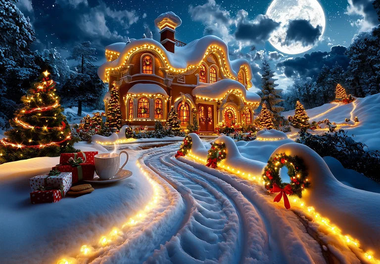 A charming, snow-covered house is illuminated by warm, festive lights