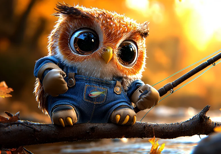 A cute, fluffy owl character is sitting on a tree branch, dressed in
