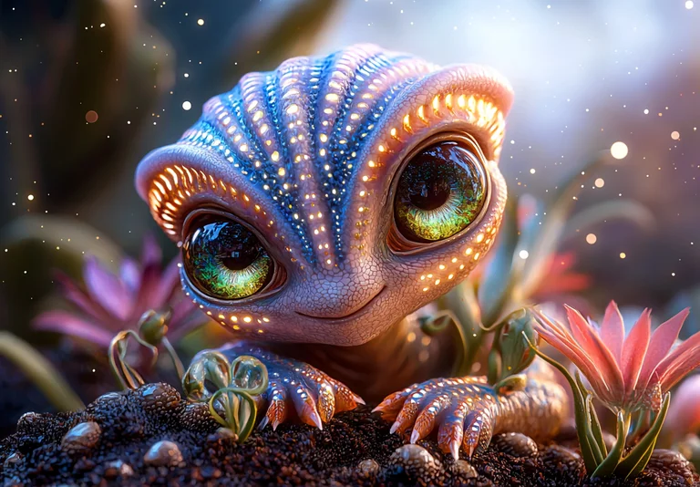 A close-up, photorealistic image of a small, adorable alien creature