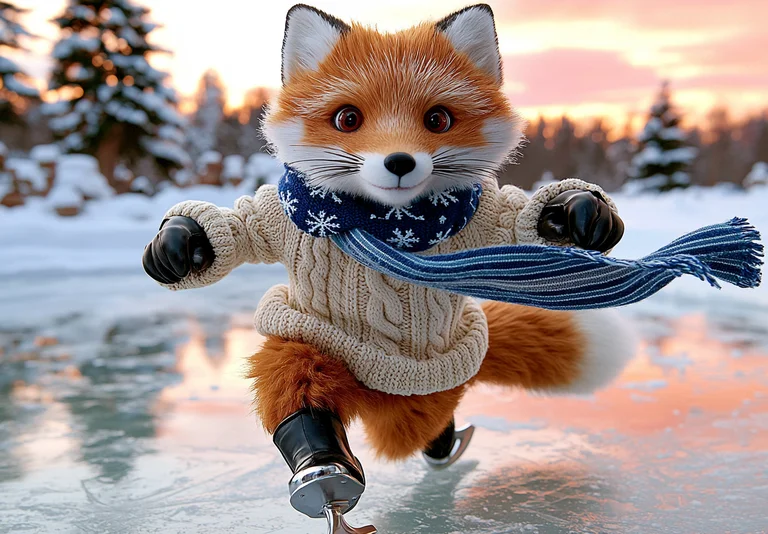 A cute anthropomorphic fox is ice skating on a frozen lake during