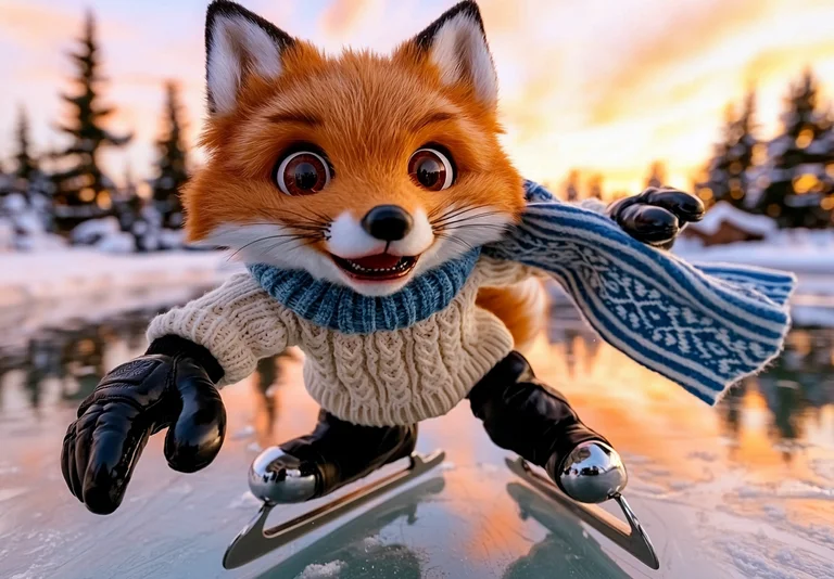 A cartoon fox wearing a sweater and scarf is ice skating on a frozen