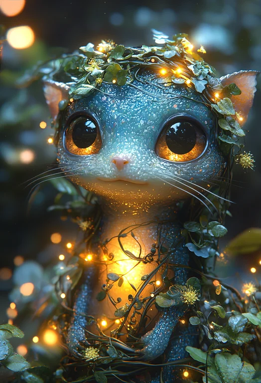 A whimsical, fantasy creature resembling a cat is adorned with