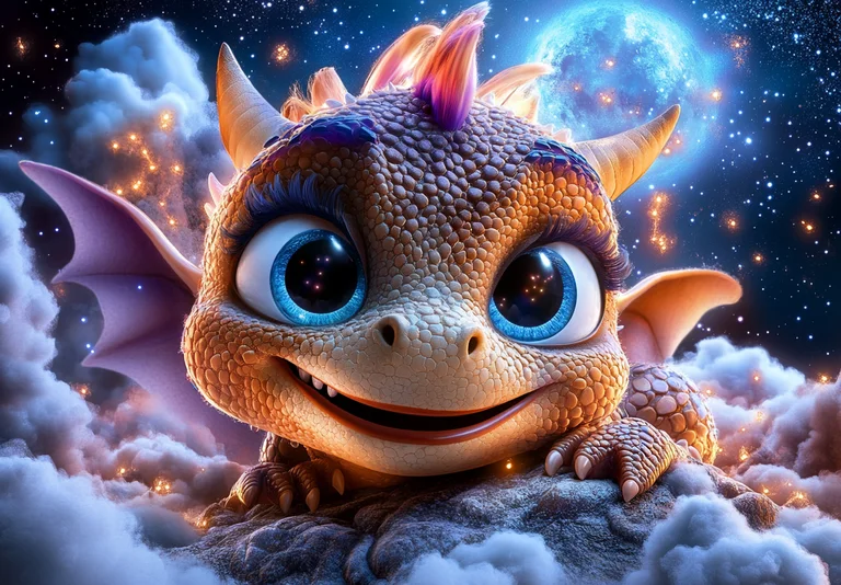 A cute, baby dragon with large, expressive blue eyes is peeking out