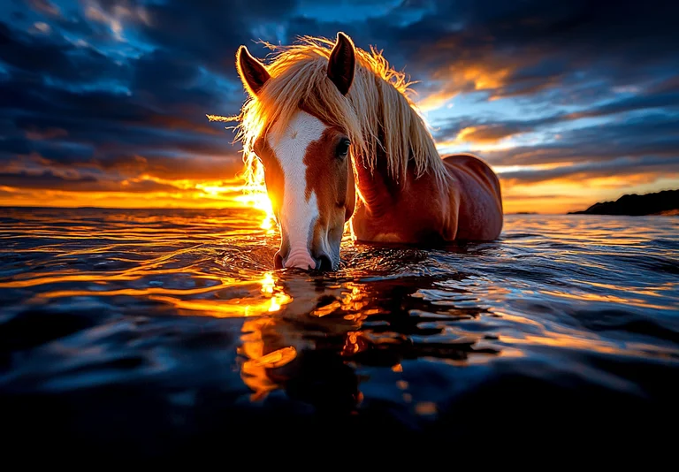 A majestic horse stands in the ocean, its head lowered to drink the