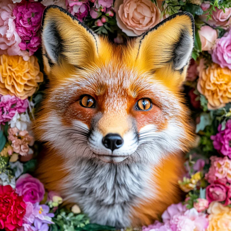 A close-up portrait of a red fox's face emerges from a vibrant floral