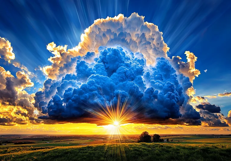 A dramatic sunset or sunrise breaks through a massive, dark cloud