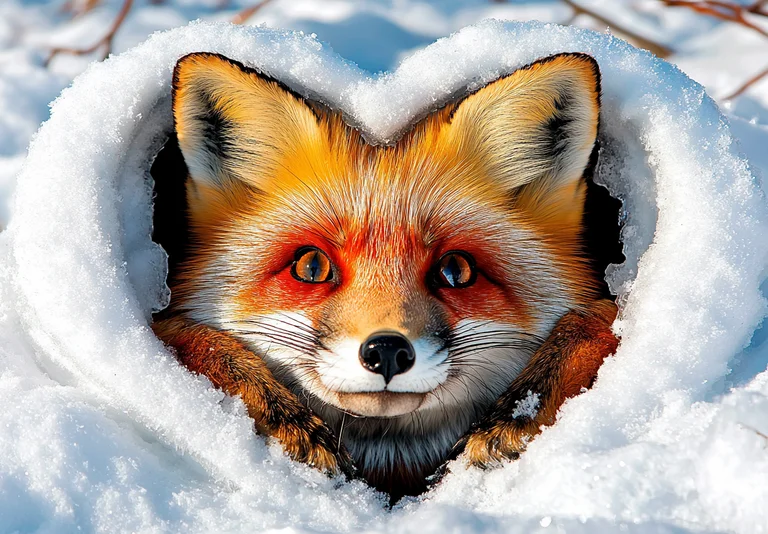 A close-up, photorealistic portrait of a red fox peeking out from a