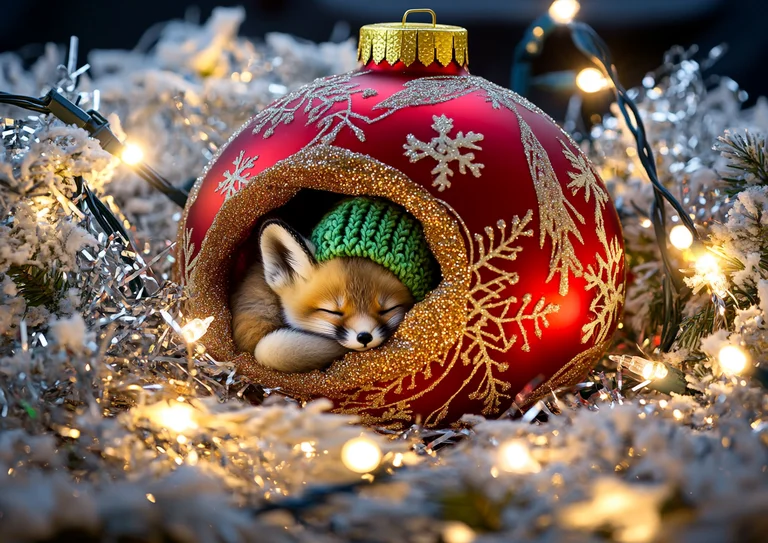 A cute baby fox is sleeping peacefully inside a large, ornate