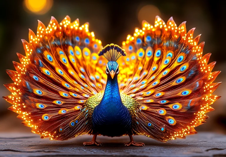 A majestic peacock displays its vibrant, fanned tail feathers