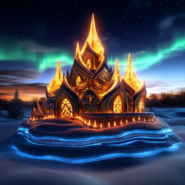 A magnificent, ornate ice palace glows with internal golden light