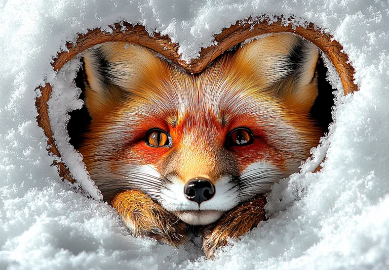 A close-up portrait of a red fox peeking through a heart-shaped