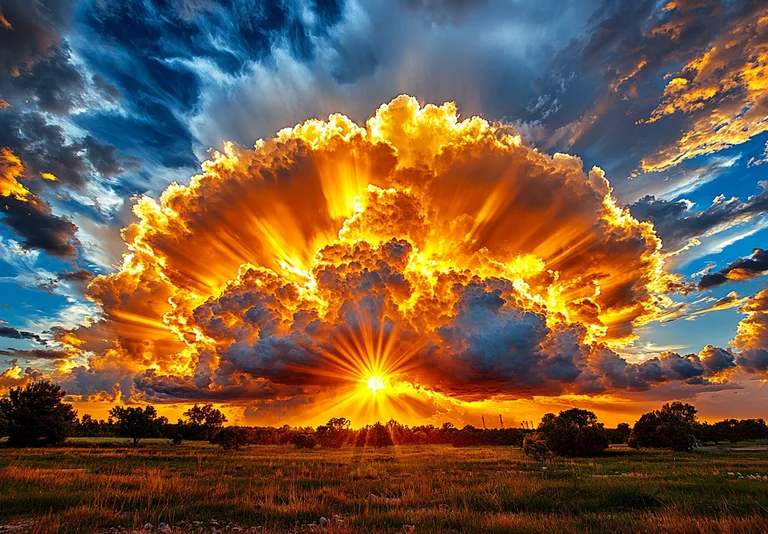 A dramatic sunset paints the sky with vibrant oranges and yellows,