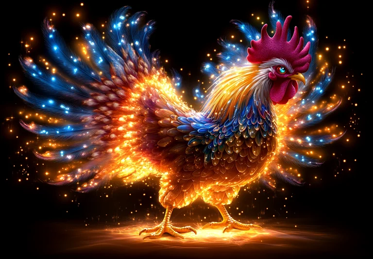 A majestic rooster is depicted with its wings spread, emanating a