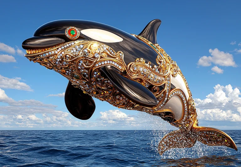 A majestic orca whale, adorned with intricate gold filigree and