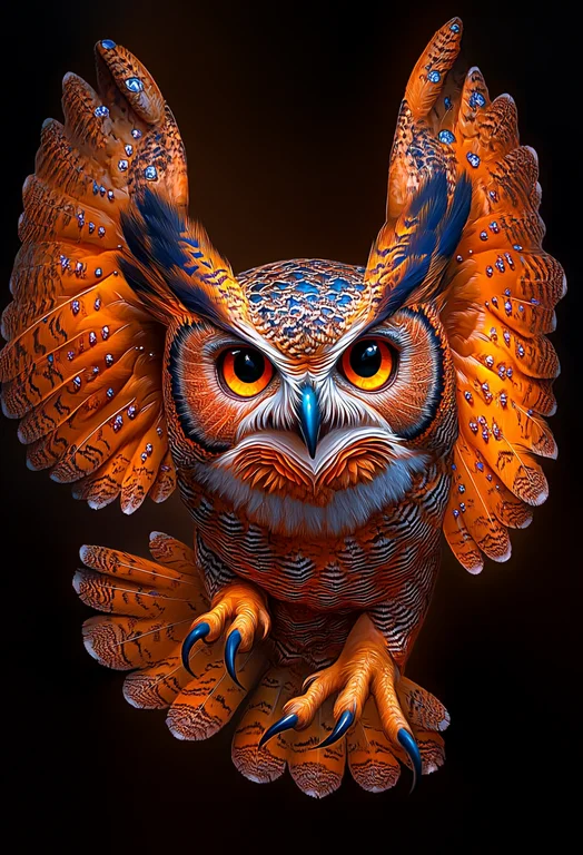 A majestic owl with vibrant orange and blue plumage is captured in