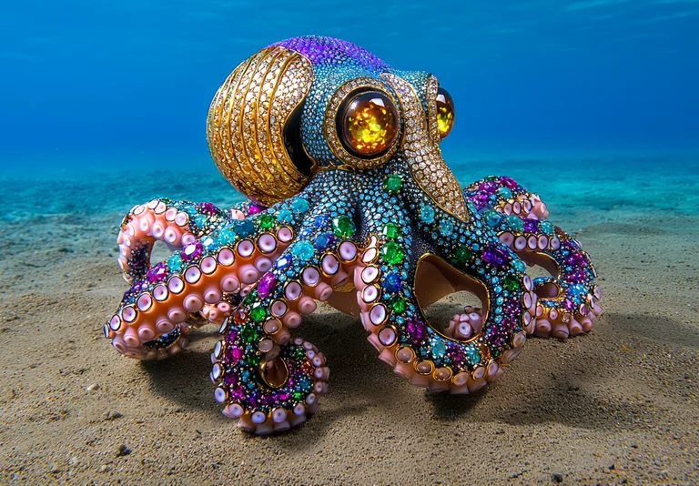 A highly ornate, jeweled octopus rests on a sandy ocean floor