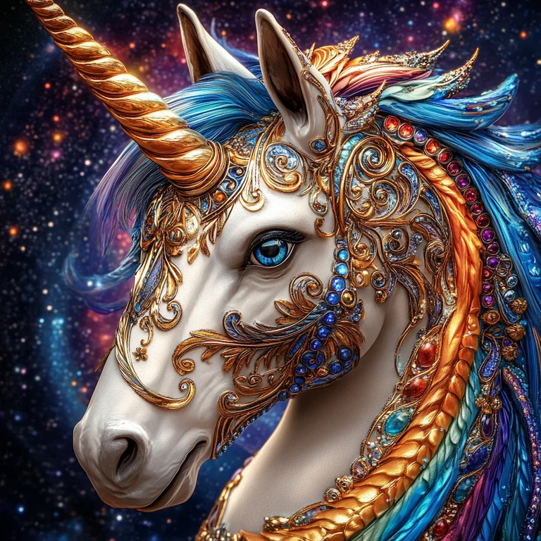 A majestic unicorn head adorned with intricate golden filigree and