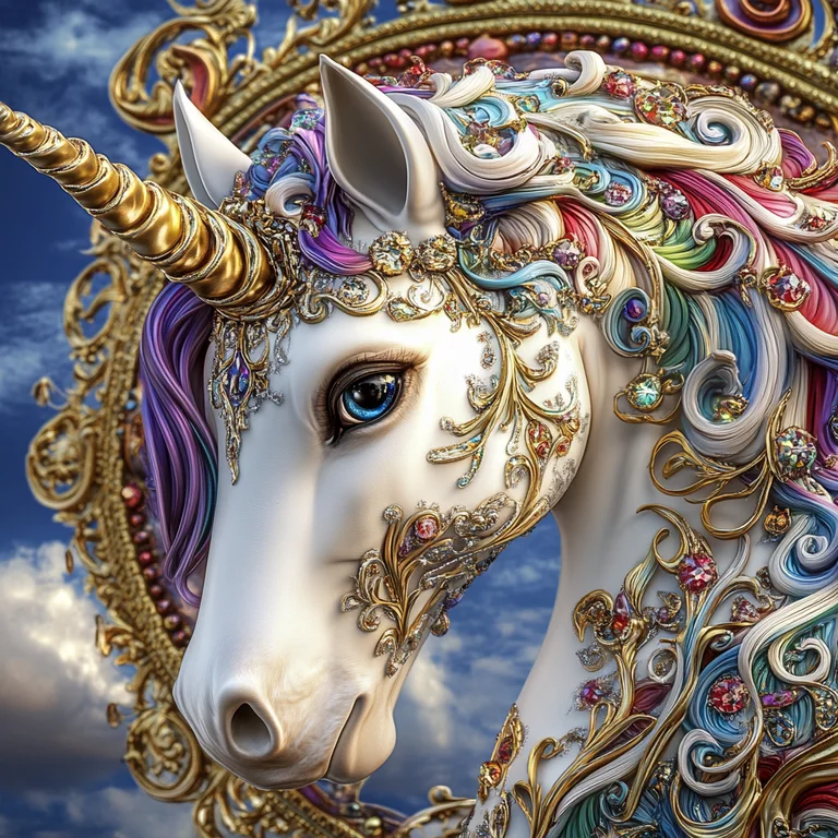 A majestic unicorn with a golden horn and a mane adorned with