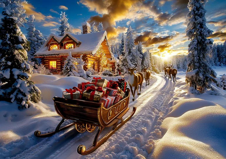 A wooden sleigh filled with Christmas presents is pulled by a team of
