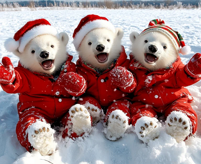 Three adorable polar bear cubs are dressed in festive red winter