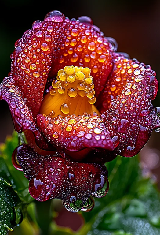 A close-up macro photograph captures a vibrant red flower covered in