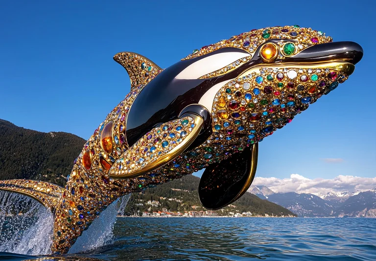 A majestic orca, encrusted with a dazzling array of colorful
