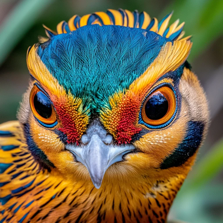 A close-up, headshot of a vibrantly colored bird