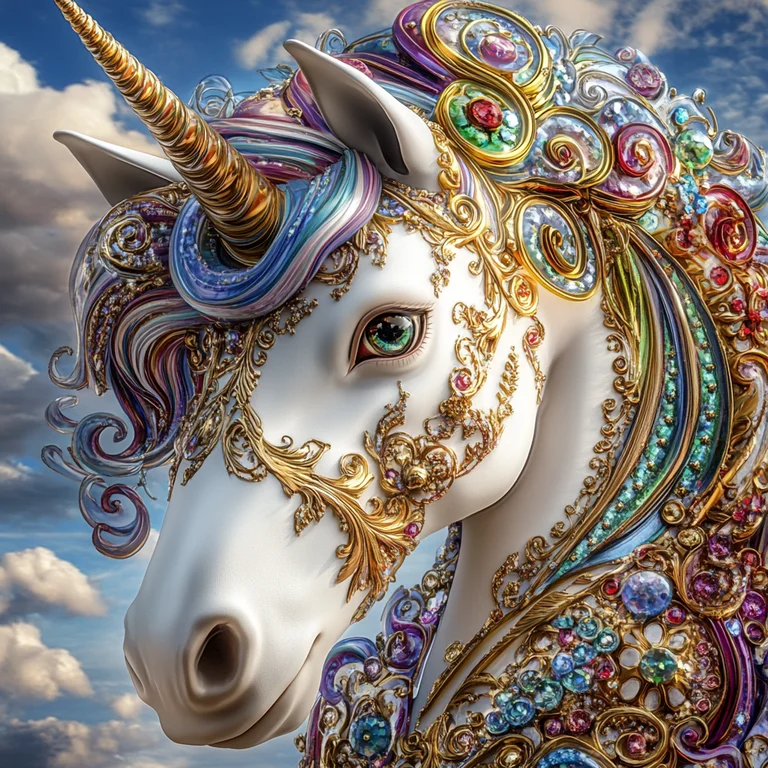 A majestic unicorn adorned with intricate golden filigree and
