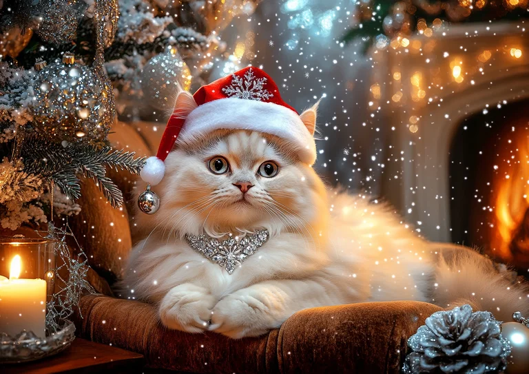 A fluffy white cat wearing a Santa hat and a sparkly necklace is