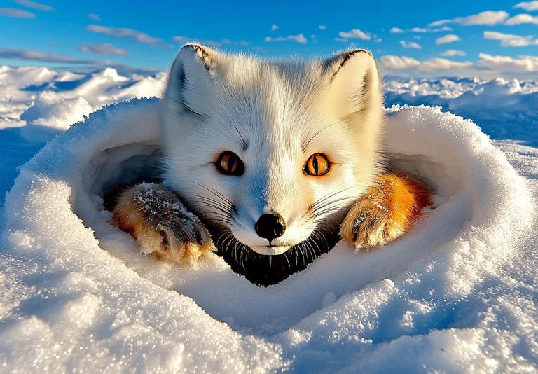 An adorable arctic fox peeks out from a heart-shaped opening in the