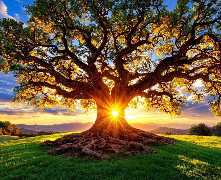 A majestic, ancient oak tree stands prominently in a lush green