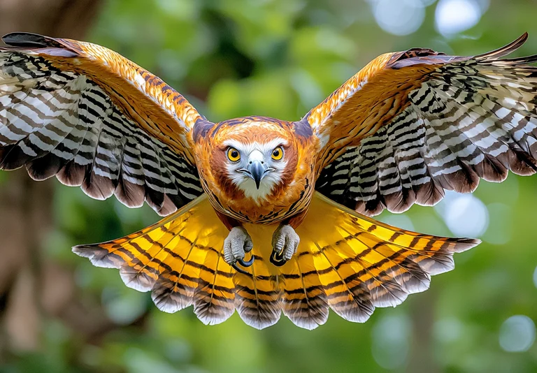 A majestic hawk with striking orange and brown plumage is captured