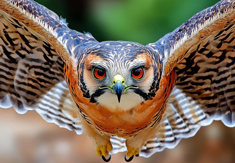 A close-up, front-facing view of a hawk in flight