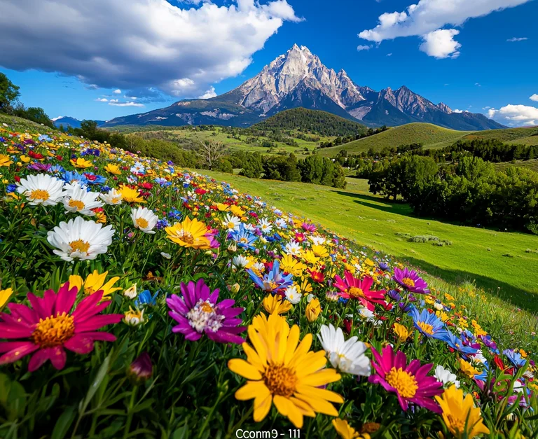 A vibrant field of wildflowers in full bloom cascades down a grassy