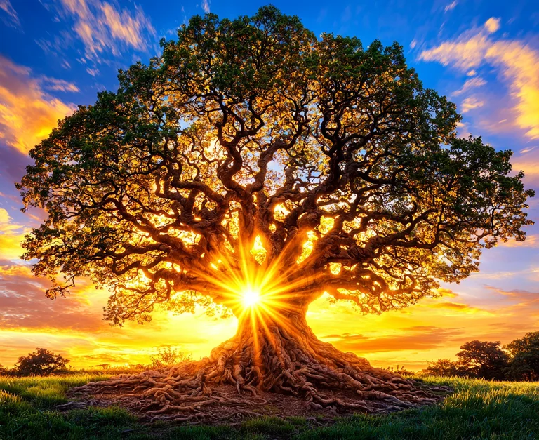 A majestic, ancient oak tree stands prominently in a grassy field,